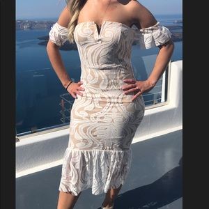 red lace frill hem midi dress